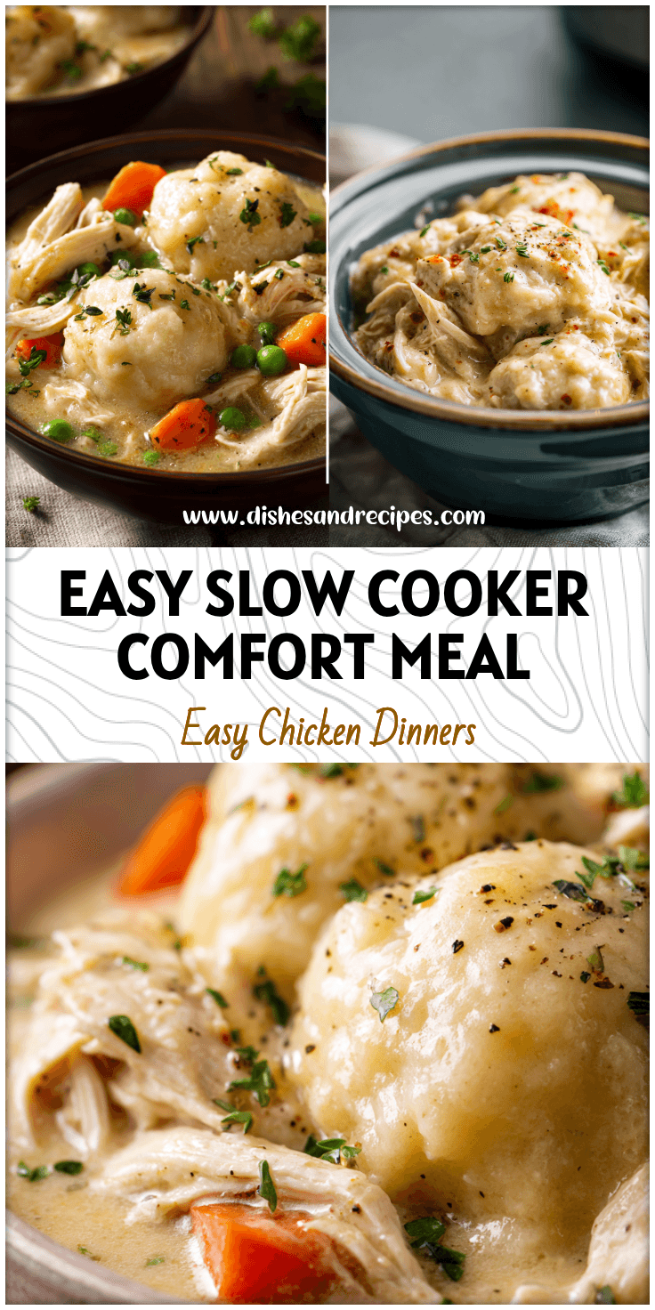 Bowl of creamy slow cooker chicken and dumplings topped with herbs beside a crockpot for easy dinner idea.